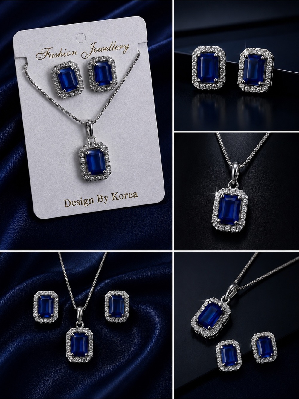 Korean Design Blue Crystal Halo Necklace & Earrings Set